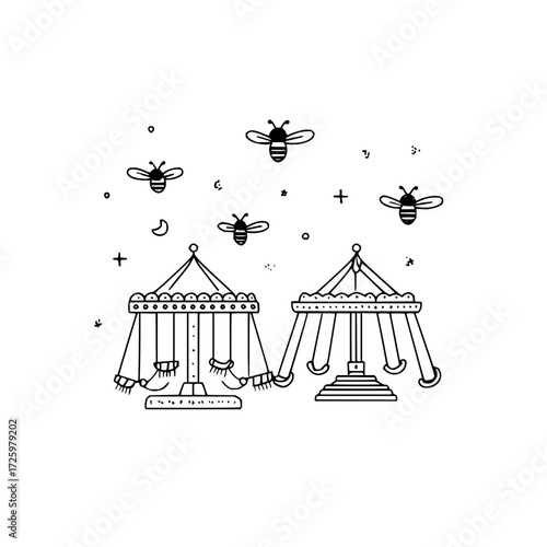 Illustration of two carousel rides with bees stars and celestial elements in a whimsical style drawing