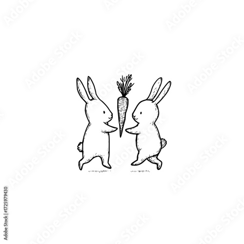 Two bunnies facing each other holding a carrot in the middle in black and white sketch style drawing