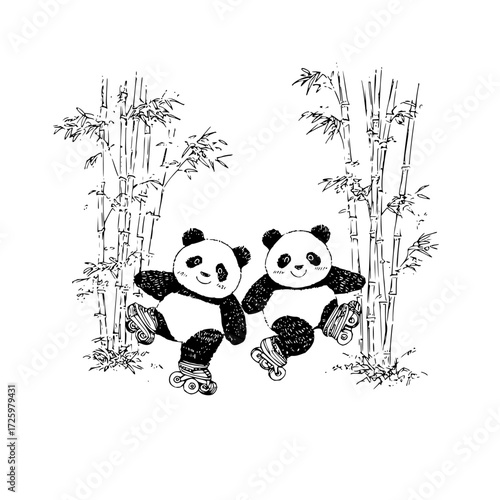 Two pandas on roller skates amidst bamboo stalks in a black and white illustration style image art