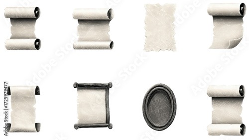 Collection of Ancient Scrolls and Parchment on White Background.