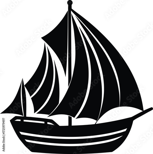 Blue Sailing Boat with Sails on Transparent Background