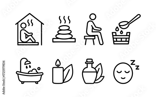 Set of black line icons representing sauna, bathing, and wellness relaxation activities.