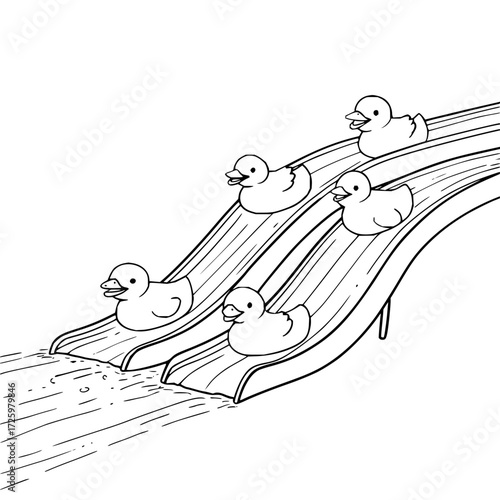 A line drawing of five cartoon ducks going down a water slide with water splashing at the bottom edge