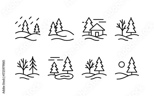 Set of black line icons illustrating winter forest landscapes with fir trees, snow-covered hills, cabin, pond, and bare trees.