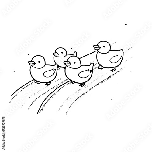 Four outlined ducklings walking in a row on curved lines in a black and white illustration style image