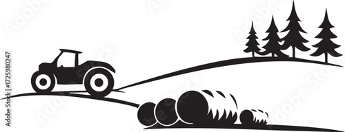 Tractor Harvesting Hay Bales in a Countryside Black and White Silhouette