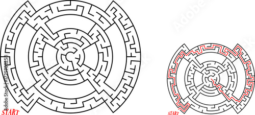 Simple black line circular maze in target shape for kids. Flat vector illustration isolated on white. With solution path. Educational game concept.