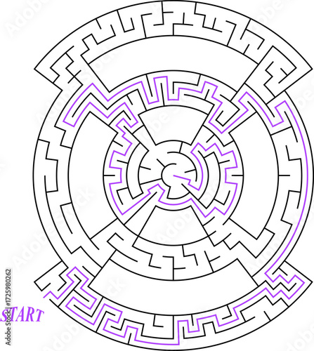 Simple black line circular maze in target shape for kids. Flat vector illustration isolated on white. With solution path. Educational game concept.