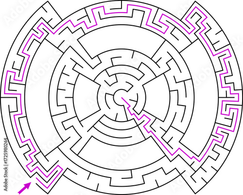 Simple black line circular maze in target shape for kids. Flat vector illustration isolated on white. With solution path. Educational game concept.