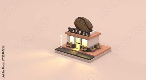 stylized coffee shop in pastel tones, with illuminated facade, outdoor benches, and a large coffee bean sculpture on the roof. Ideal for business concepts, coffee shops, urban design(3D illustration)