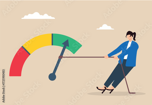 Flat illustration of strong businesswoman pull string on rating gauge to reach excellent credit score customer feedback performance quality control