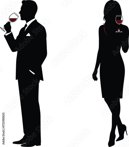 Elegant silhouette of man and woman drinking red wine, formal attire, romantic mood, luxury lifestyle, stylish couple, evening social event