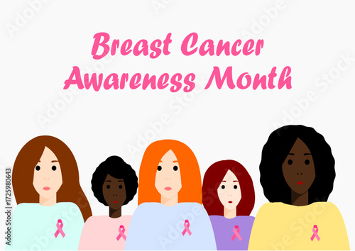 Poster for Breast Cancer Awareness Month with women wearing pink ribbons and the inscription "Breast Cancer Awareness Month"
