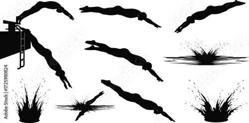 Diving, silhouette, water splash, platform, motion, sports, athlete, jump, sequence, action, swim, dynamic, impact, technique, movement