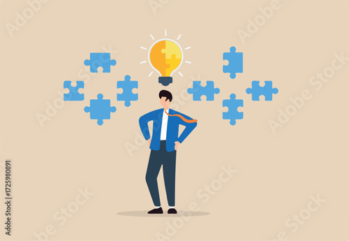 Flat illustration of businessman analyzing floating puzzle pieces around glowing lightbulb symbolizing creative thinking and strategic problem solving
