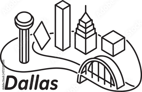 Dallas Texas skyline outline city landmarks travel destination vector illustration