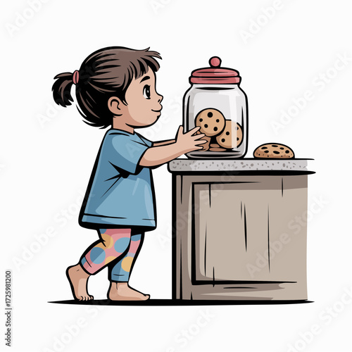 midnight snack spy—child tiptoeing with cookie jar behind kitchen island with warm crumb accents;  for family blogs, recipe promotions, kitchen product ads, playful social media storytelling
