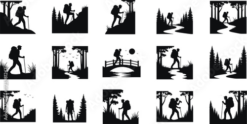 Silhouettes of hikers trekking in forest, outdoor adventure walking trails, backpackers exploring mountains, camping travel vector illustration design
