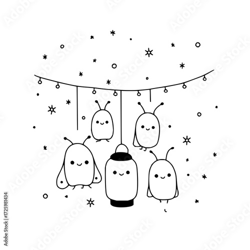 Illustration of five cute cartoon aliens hanging from a string of lights under a starry sky design