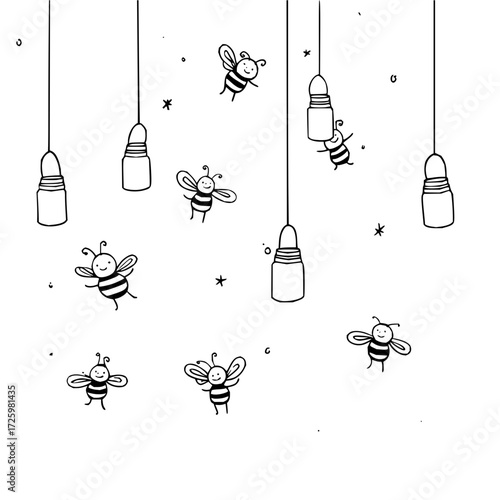 Doodle style illustration of hanging light fixtures and flying bees with stars and dots around them
