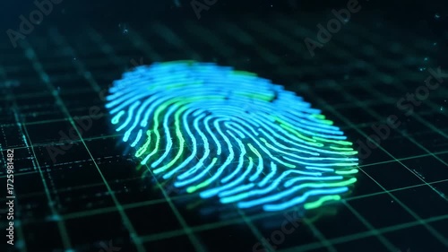 Wallpaper Mural Close-up of Glowing Digital Fingerprint on Grid Surface with Neon Blue and Green Lines in Dark Futuristic Environment, Highlighting Biometric Technology and Security at Night: nighttime Torontodigital.ca