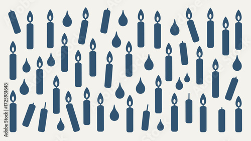 A pattern of blue candles and blue drops on a white background in a simple illustrative style