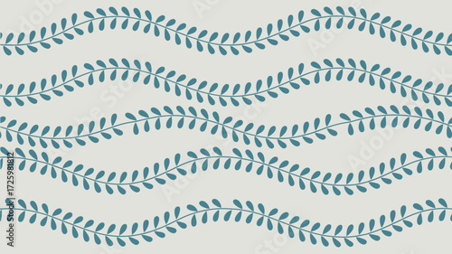 A repeating pattern of teal leaf vines arranged in wavy horizontal lines against a cream colored background