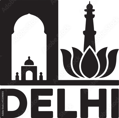 Delhi cityscape silhouette icon. Indian capital landmark architecture, India Gate, Lotus Temple art.