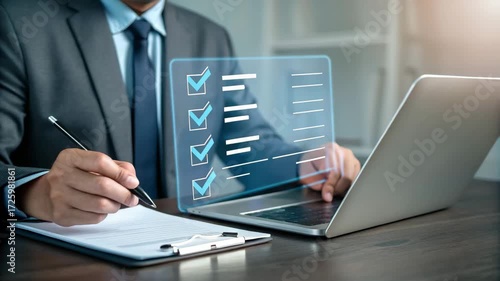Man in suit writing on clipboard next to laptop with digital checklist overlay on the screen near him