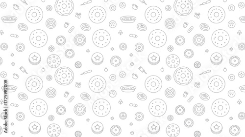 A seamless pattern featuring various food items such as donuts, pies, and other circular treats scattered around