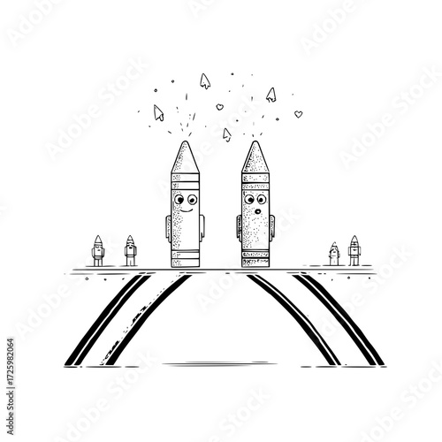 Two crayons with faces stand on a bridge with small figures and arrow shapes above their heads looking cute