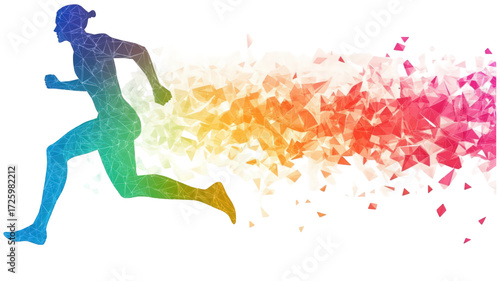 Dynamic abstract illustration of a running person dissolving into colors.