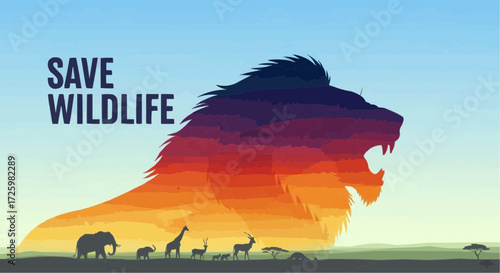 World animal day  october 4 save wildlife conservation lion elephant giraffe animal protection nature reserve africa landscape art vector