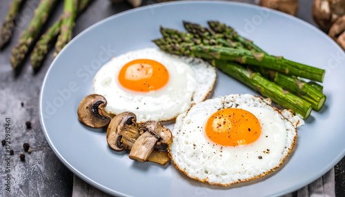 Two fried eggs, asparagus spears, and sliced mushrooms on a gray plate