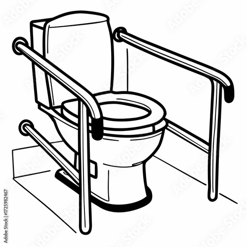 Toilet with grab bars for accessibility in simple line drawing  