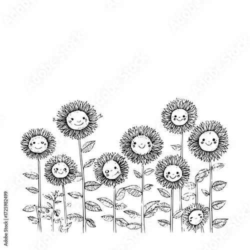 A whimsical illustration of smiling sunflowers with leaves and stems in a monochrome sketch style art 100