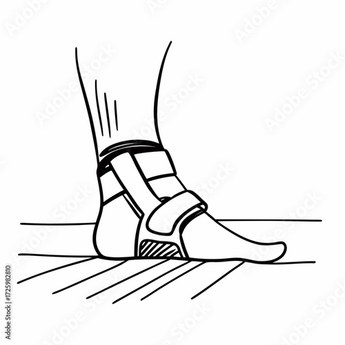 Line drawing of ankle brace on foot for injury support  