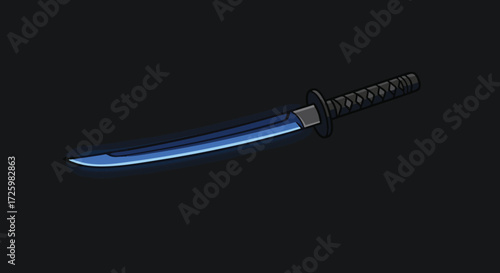 Sword with glowing blue edge on dark background viewed from straight angle