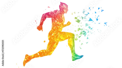 Abstract running man silhouette in vibrant rainbow colors.