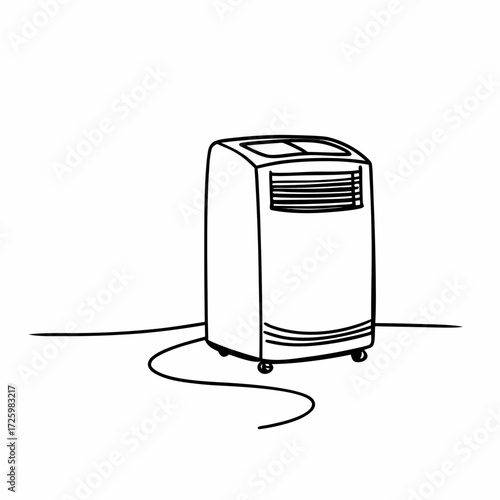 Portable air conditioner with wheels and power cord in outline design  