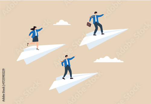 Flat illustration of business people flying on paper planes leadership direction career growth ambition achieve goal motivation and innovative success