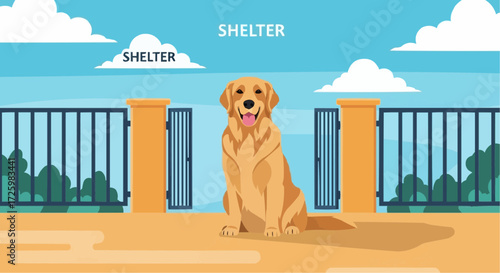 World animal day  october 4 golden retriever dog sitting pretty in shelter with blue sky and clouds cartoon illustration vector art vector
