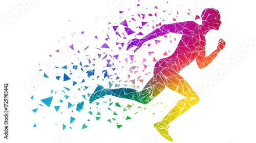 Abstract running man silhouette made of rainbow polygons.