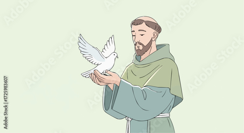 World animal day  october 4 saint francis of assisi with dove illustration religious figure christianity catholicism peace and nature art vector