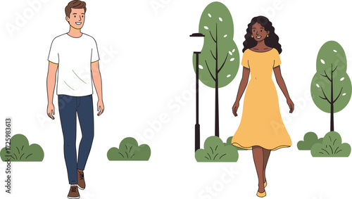 Outdoor walk, diverse people, casual fashion, park scene, green nature, streetlamp, summer vibe, lifestyle moment, urban stroll, friendly atmosphere