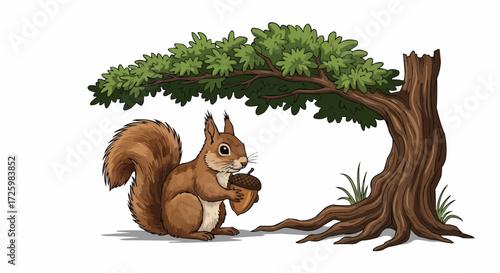 World animal day  october 4 illustration of a cute squirrel holding an acorn under a tree with green leaves and brown trunk art vector