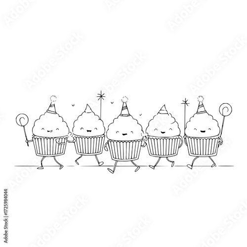 A whimsical parade of five cupcakes wearing party hats and holding sparklers and lollipops in black and white