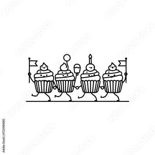 A whimsical parade of four cupcake characters marching with flags and a candle in black and white line art