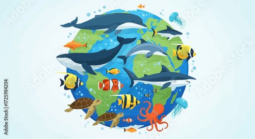 World animal day  october 4 ocean life around the world illustration featuring whales dolphins sharks turtles and colorful fish vector art vector