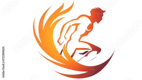 Dynamic running man silhouette with a fiery energy trail.